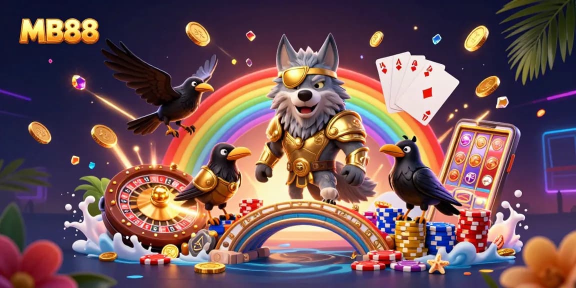 Hình ảnh MB88 biểu diễn chiến thắng với thiết kế casino hoành tráng và đầy màu sắc.