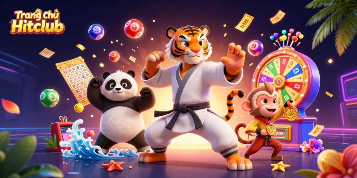 Engage with the vibrant world of Trang chủ Hitclub through an illustration showcasing a kung fu tiger, panda disciple, and playful monkey among dynamic game elements.