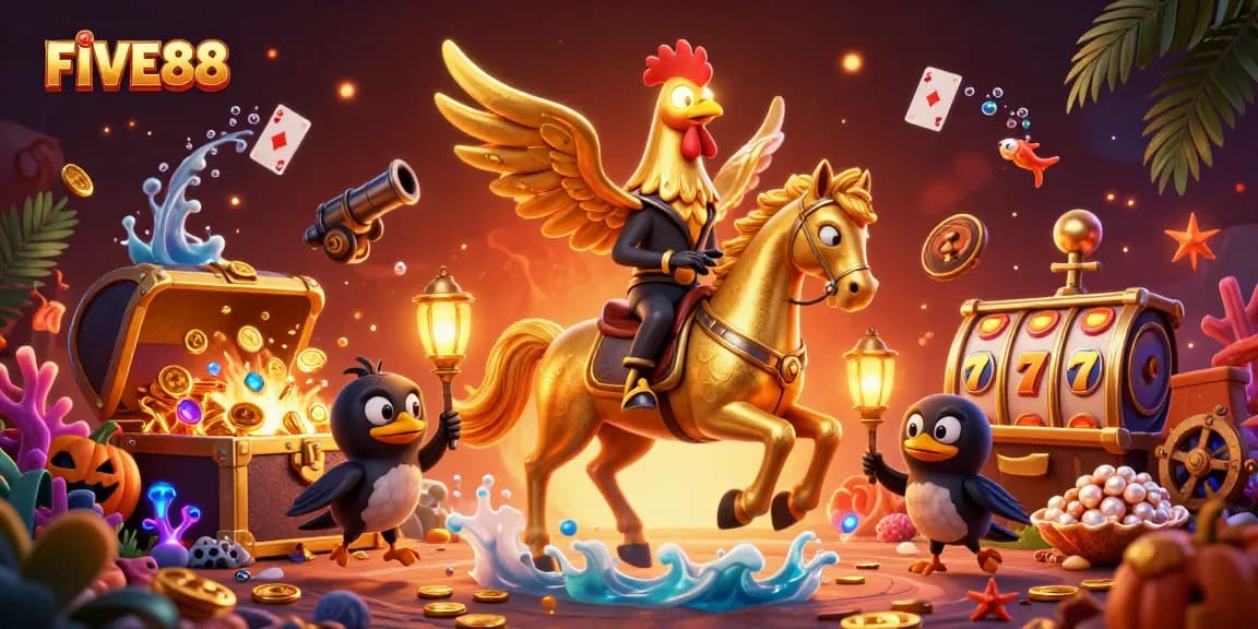 Experience the vibrant FIVE88 casino scene with a golden rooster and mystical elements