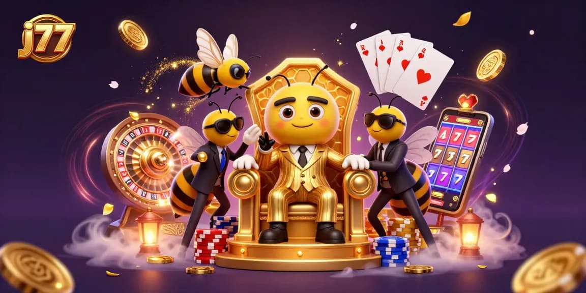 Experience the thrill of j77 with vibrant casino elements in a dynamic 3D illustration.