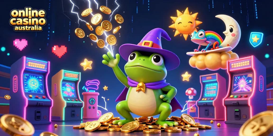 Experience the thrill of online casino Australia with cartoony wizard frogs and chameleons amidst golden coins.