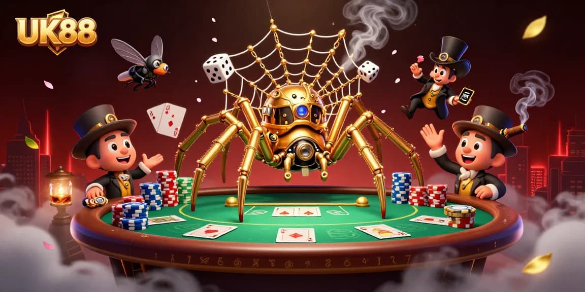 Spin the reels of UK88 with a dynamic steampunk-themed casino illustration showcasing poker elements.