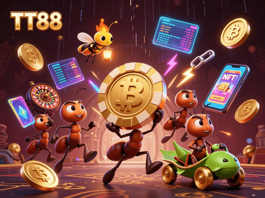 Experience TT88's exciting heist with cartoon ants, poker chips, and crypto elements in this dynamic casino scene.