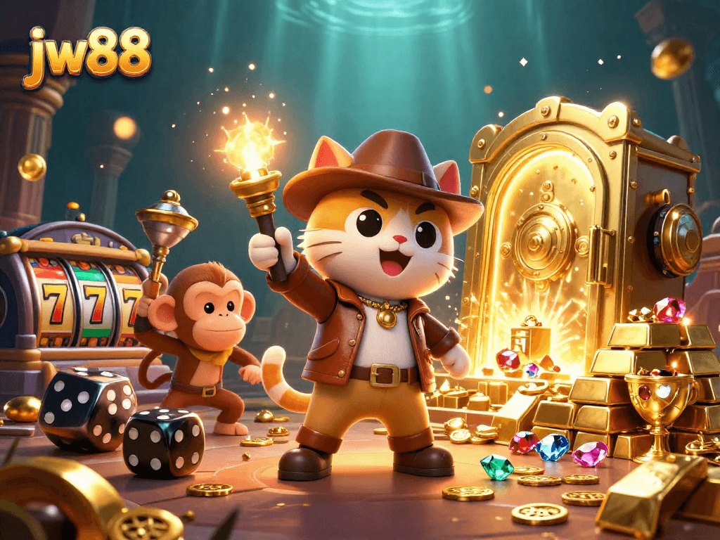 Engage with jw88 and explore the thrilling casino adventure with a daring archaeologist cat and its companion.
