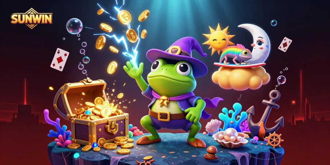 SUNWIN showcases an exciting scene of a frog wizard conjuring coins and a chameleon riding clouds, enhancing your betting experience.