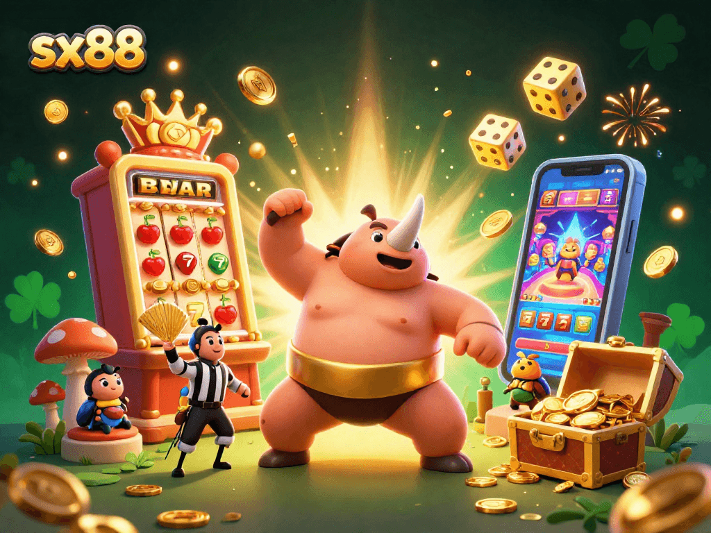 Engage with sx88's dynamic casino scene featuring a sumo beetle champion and thrilling elements.