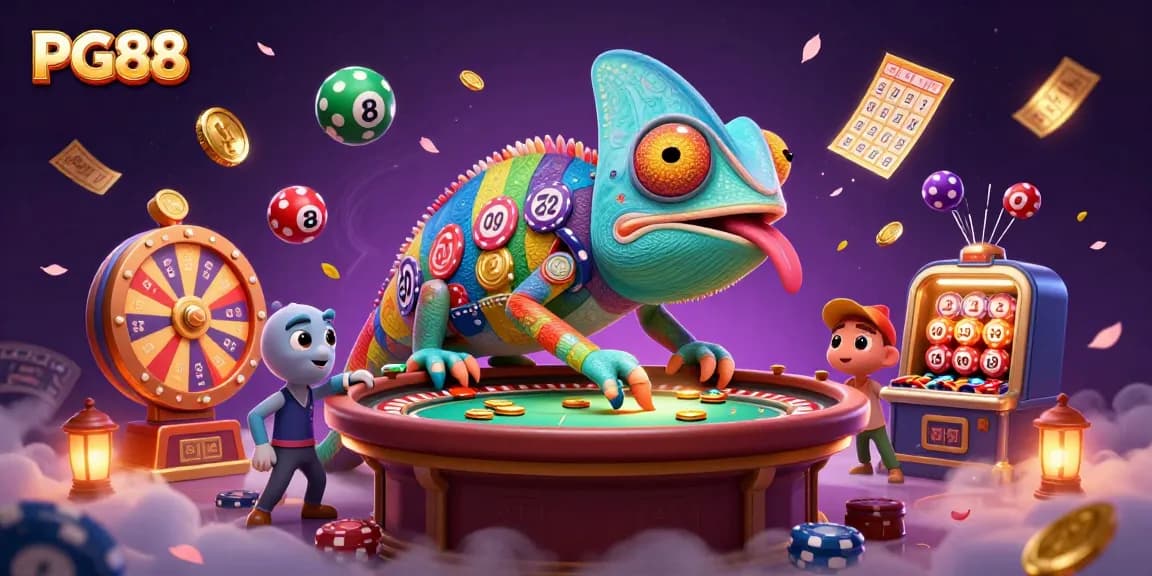 Experience thrilling gaming at PG88 with a vibrant chameleon casino owner and dynamic game elements.