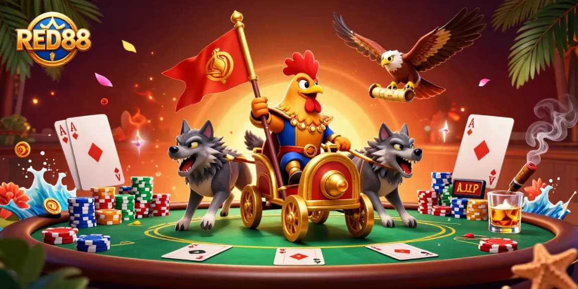 Experience thrilling gameplay at RED88 with a vibrant poker scene featuring a rooster warlord.