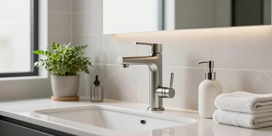 Stijlvolle design gunmetal kraan in moderne badkamer met elegante accessoires en natuurlijke verlichting.