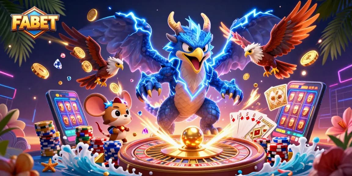 FABET players winning with powerful dragon and dynamic casino elements in 3D illustration