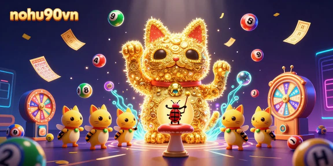 Experience fortune with nohu90vn as golden fireflies form a lucky cat amidst vibrant casino symbols.