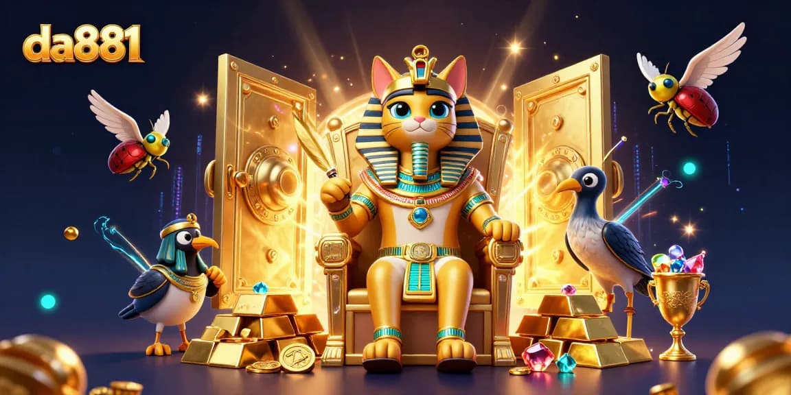 Engage with da881's vibrant online gaming experience featuring a Pharaoh cat and treasure elements.
