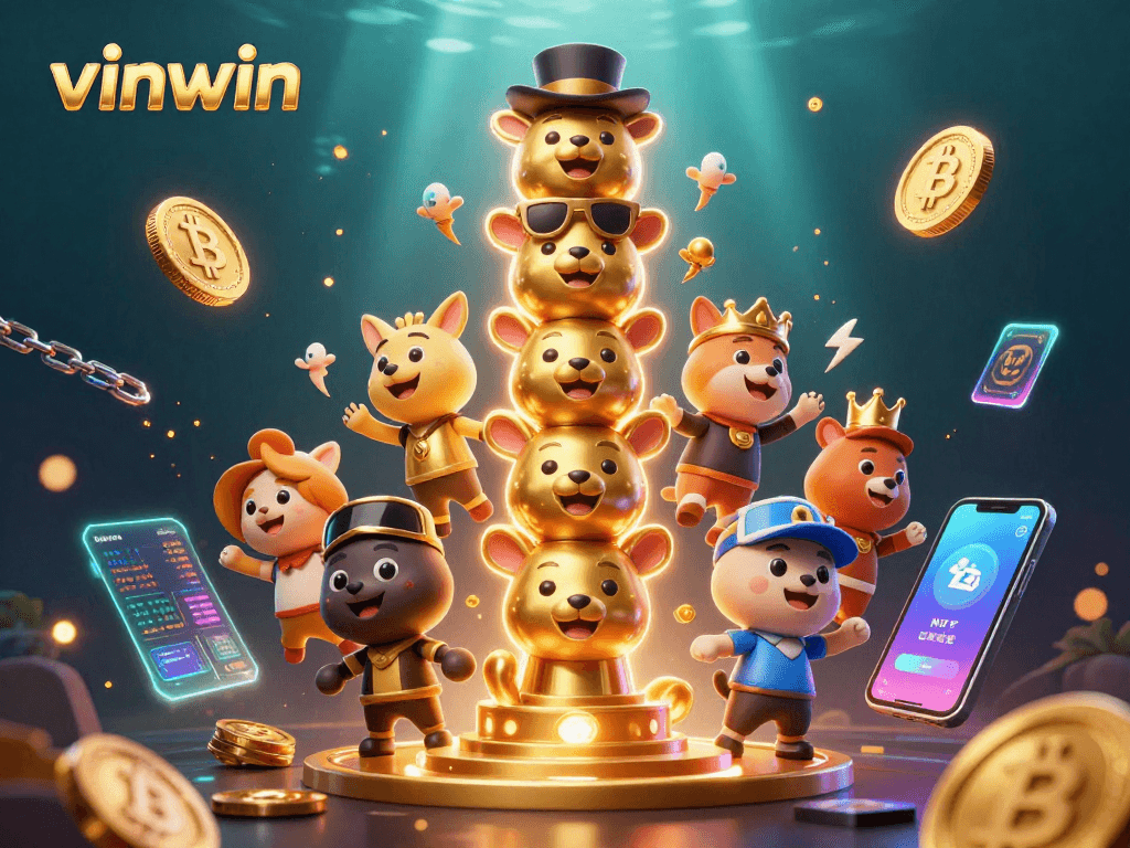 Join the action with vinwin's vibrant gaming scene featuring animated totem and crypto elements in a dynamic casino environment.