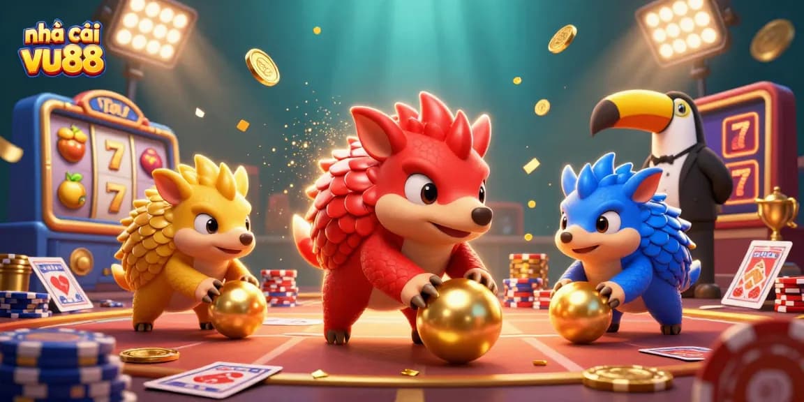 Engage in thrilling action with nhà cái vu88 as rival pangolins battle in a vibrant casino scene.