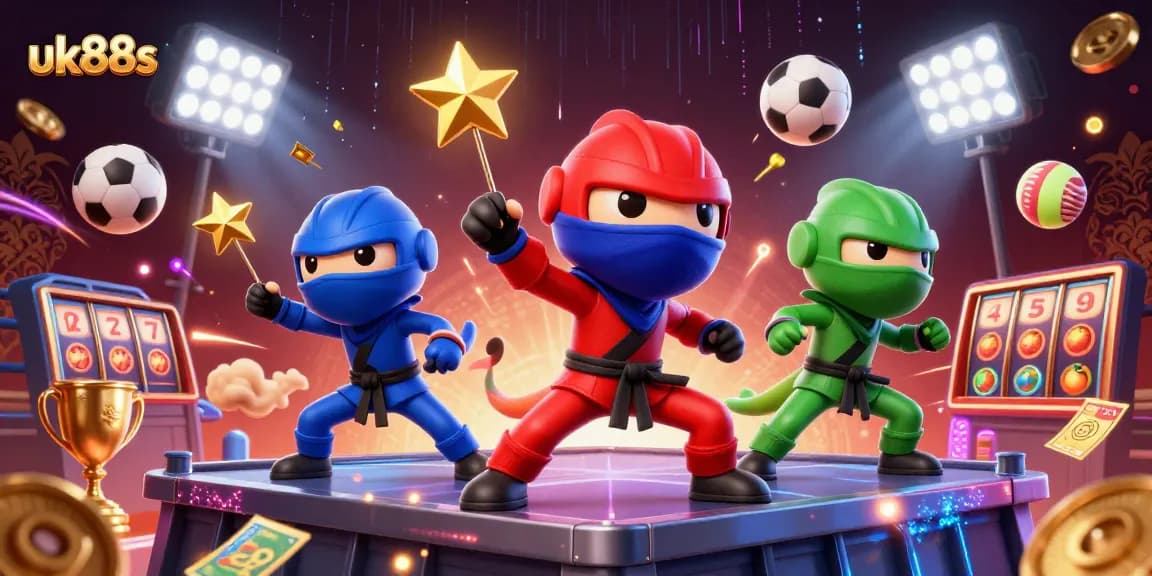 Experience the thrills of uk88s with a dynamic 3D casino scene featuring ninja chameleons and vibrant game elements.
