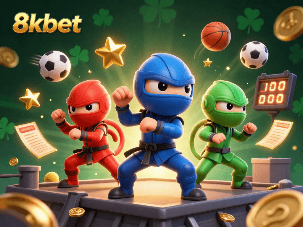 Experience fun and excitement at 8kbet with a dynamic 3D casino illustration featuring ninja chameleons and sports elements.