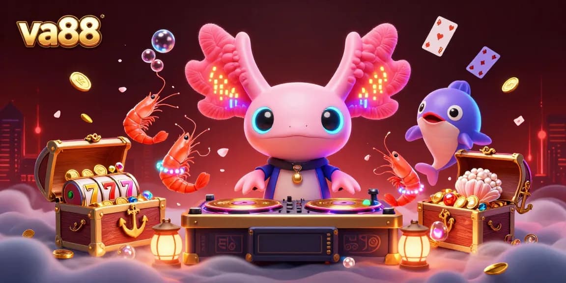 Experience the vibrant world of va88 with a neon axolotl DJ spinning slots and treasures in an underwater casino scene.