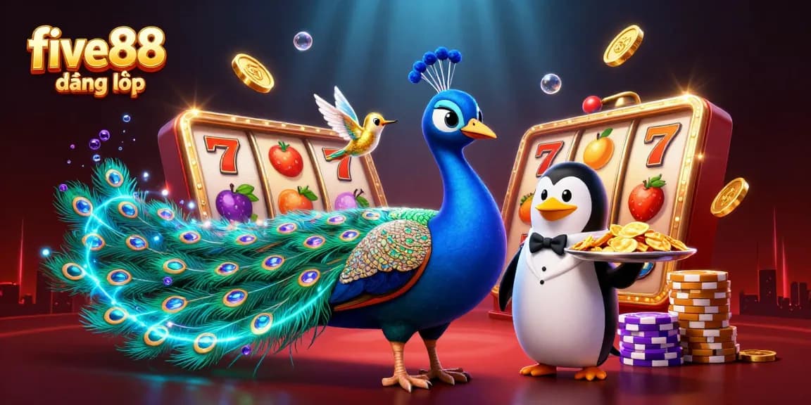 Experience the thrill of five88 đăng nhập with a vibrant casino-themed illustration featuring a peacock and a butler penguin.