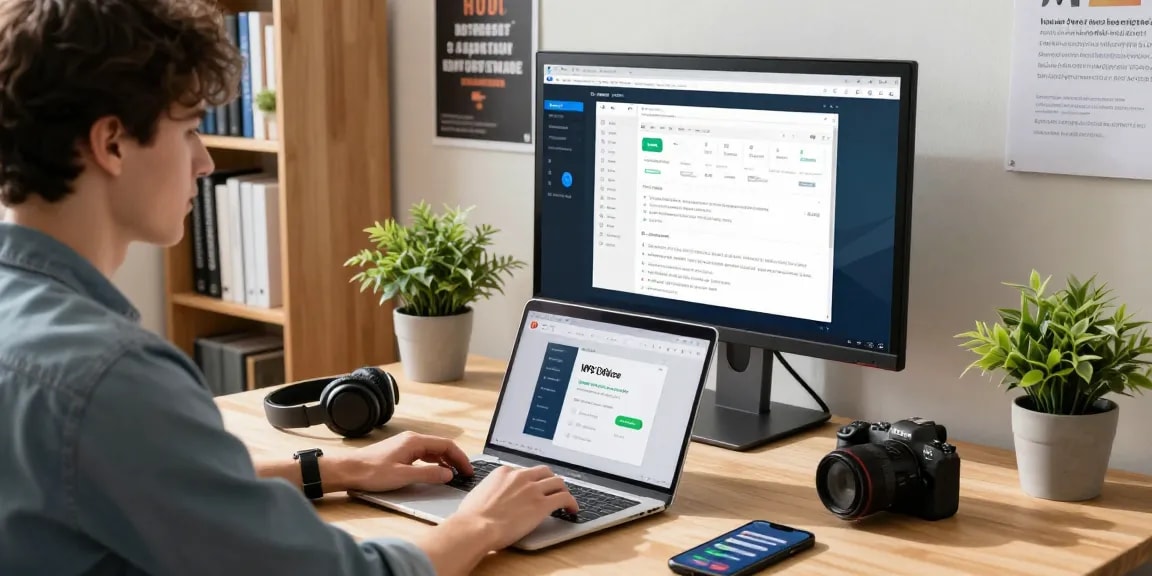 Download WPS Office on a laptop in a modern home office setup.