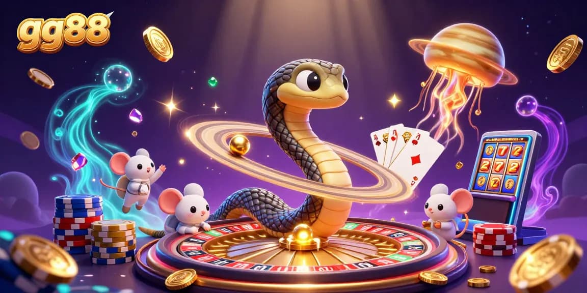 Experience the thrill of gg88 with a captivating cosmic casino scene featuring a roulette wheel and playful mice.