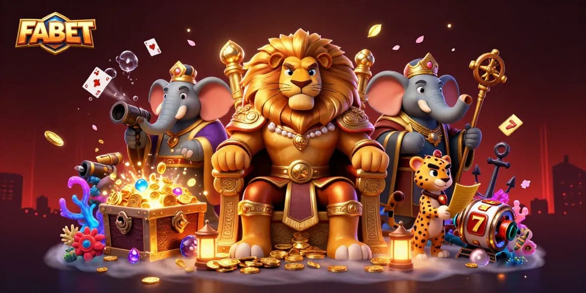 FABET players enjoy a vibrant casino scene featuring a lion king, elephant advisor, and cheetah messenger.