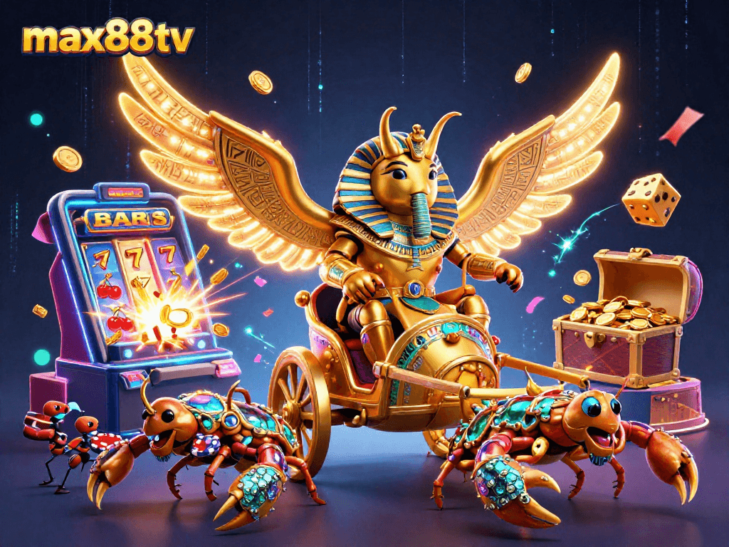 Max88tv showcases a thrilling casino atmosphere with dynamic characters, colorful game elements, and excitement.