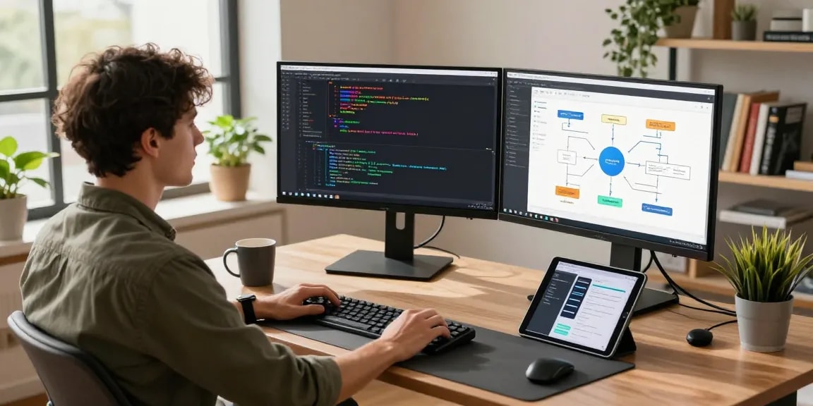 Build internal tools with AI in a modern workspace showing a developer using multiple screens, coding interfaces, and vibrant atmosphere.
