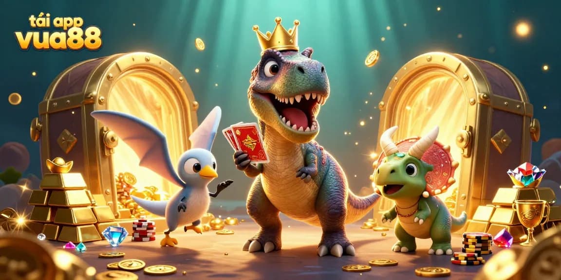 Tải app vua88 to enhance gaming with a friendly T-Rex shuffling cards and a baby triceratops stacking chips.