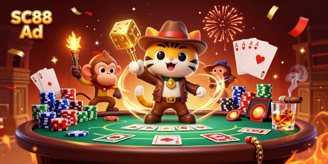 Engage in thrilling adventures with SC88 Ad featuring an archaeologist cat and monkey in a dynamic poker treasure hunt.