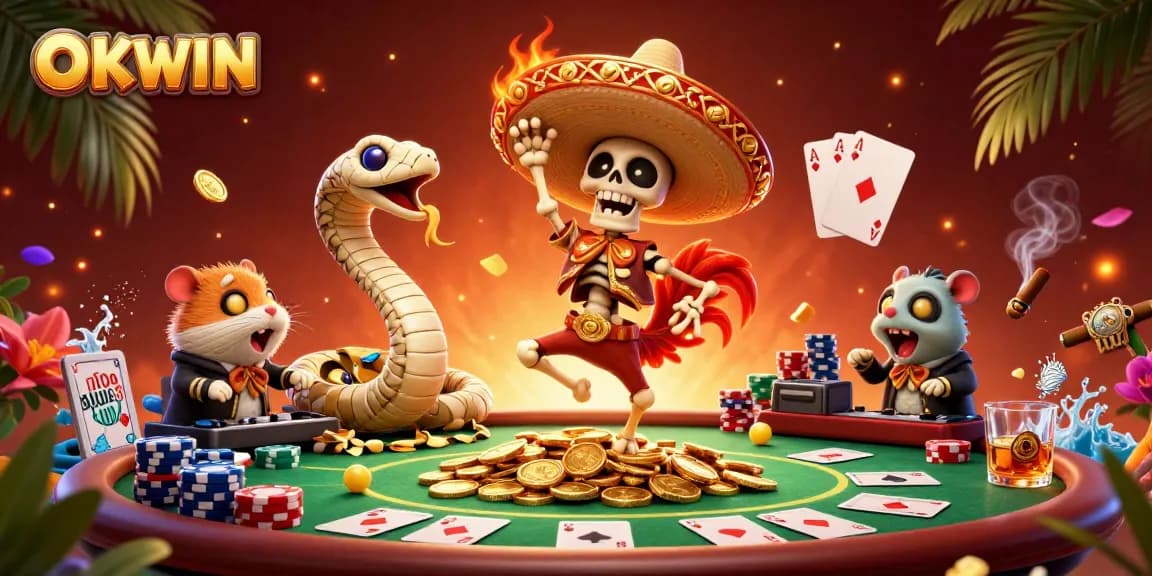 Engage in thrilling gameplay at OKWIN with vibrant casino characters celebrating victories, surrounded by poker elements.