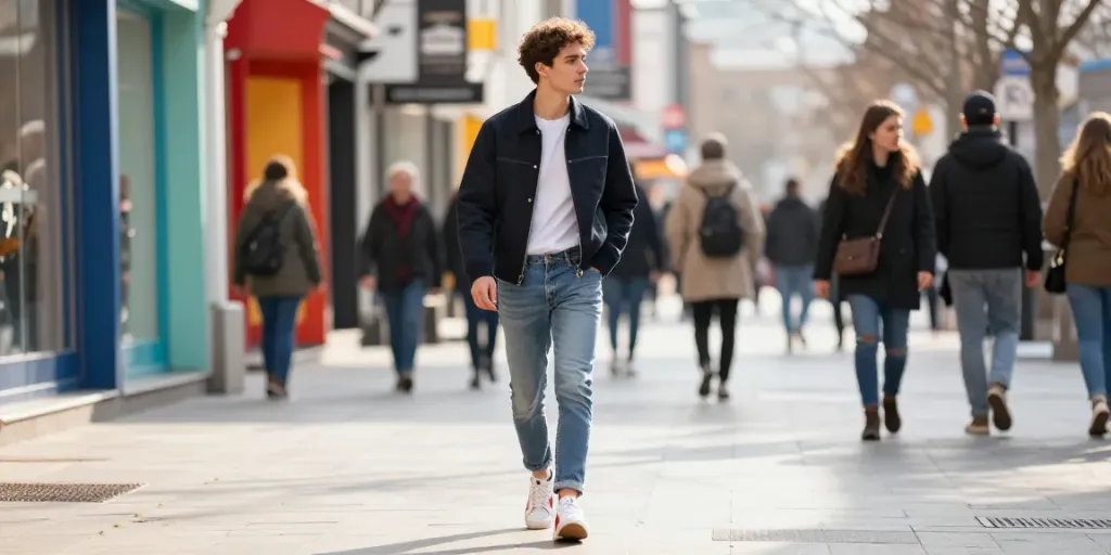 Modieuze man in stad met heren kleding online, casual outfit en stijlvolle accessoires.
