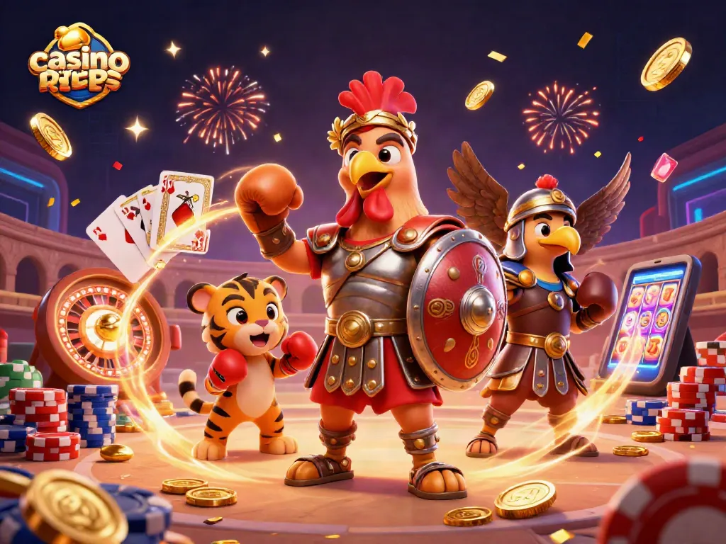 Play exciting games at casino sider uden ROFUS with a vibrant 3D scene featuring a rooster and a tiger cub.