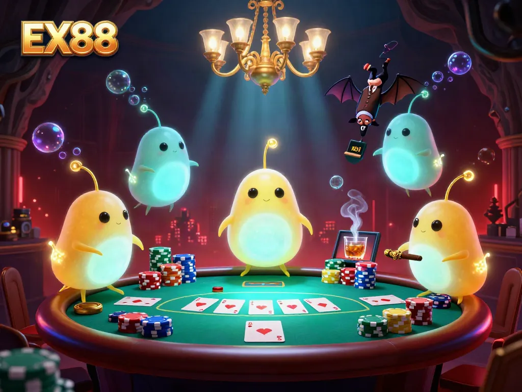 Experience the vibrant glow of EX88's cave casino with bioluminescent glowworms illuminating the gaming table.