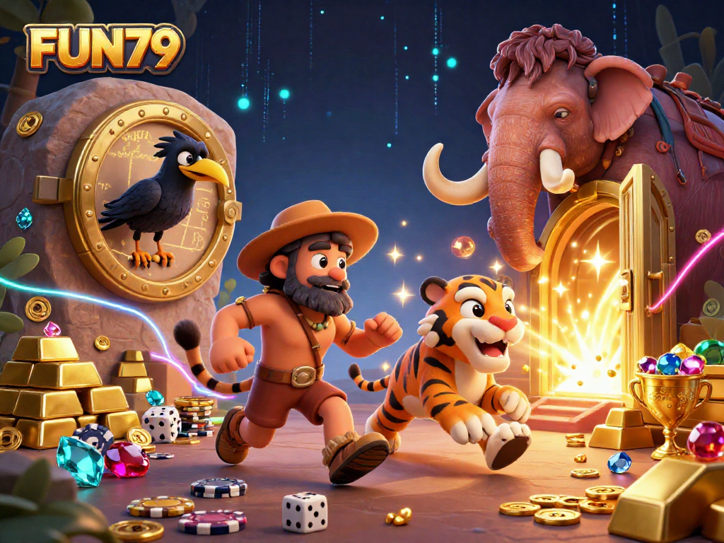 Experience thrilling wins at FUN79 in this vibrant 3D casino illustration featuring playful caveman characters.