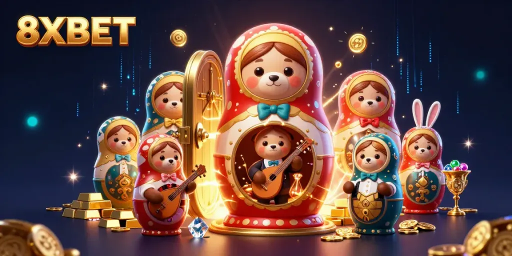 Experience the excitement of 8XBET with cartoon bears and treasures in a casino scene.