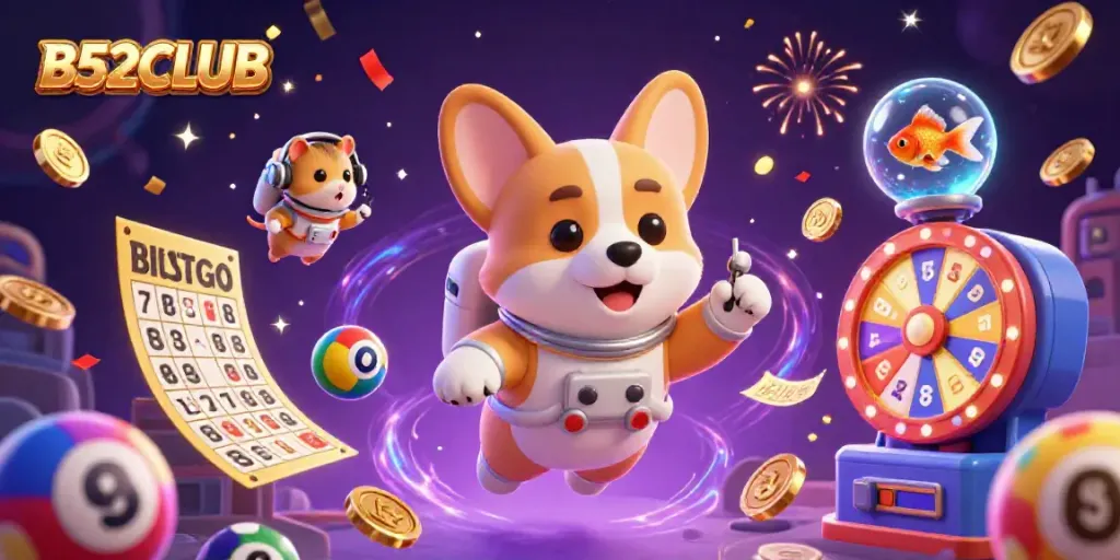 Engage in gaming adventures at B52CLUB with colorful slots, poker chips, and fun characters!