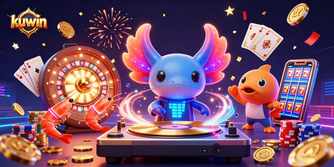 kuwin features an energetic 3D cartoon scene showcasing a vibrant axolotl DJ, gaming elements, and colorful casino vibes.