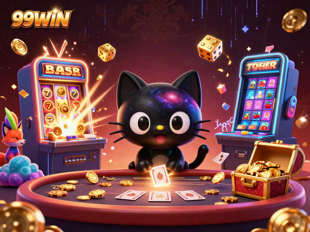 Win big at 99WIN's casino with a vibrant cosmic scene featuring playful characters and exciting games.