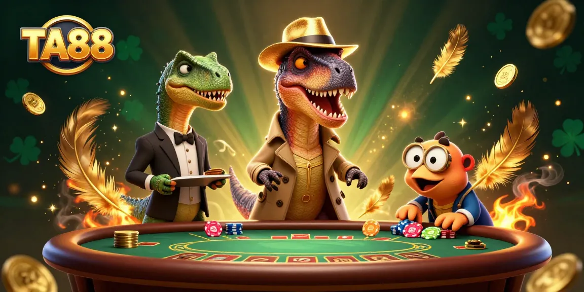 TA88 velociraptor counters blackjack while a wary stegosaurus watches, creating a lively casino atmosphere.