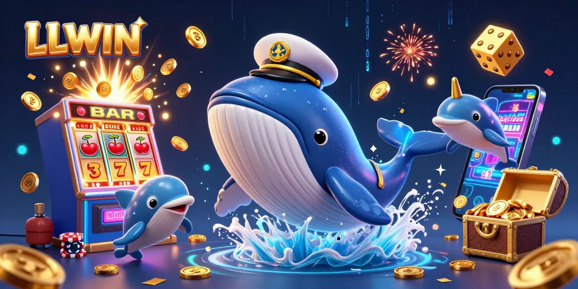 Experience LLWIN's exciting world of gaming with a cartoon whale amidst coins and dynamic casino elements.