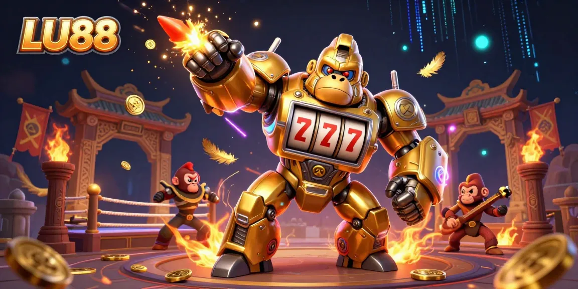 Engage with LU88's thrilling gaming adventure featuring a dynamic 3D golden gorilla mech and exciting casino elements.