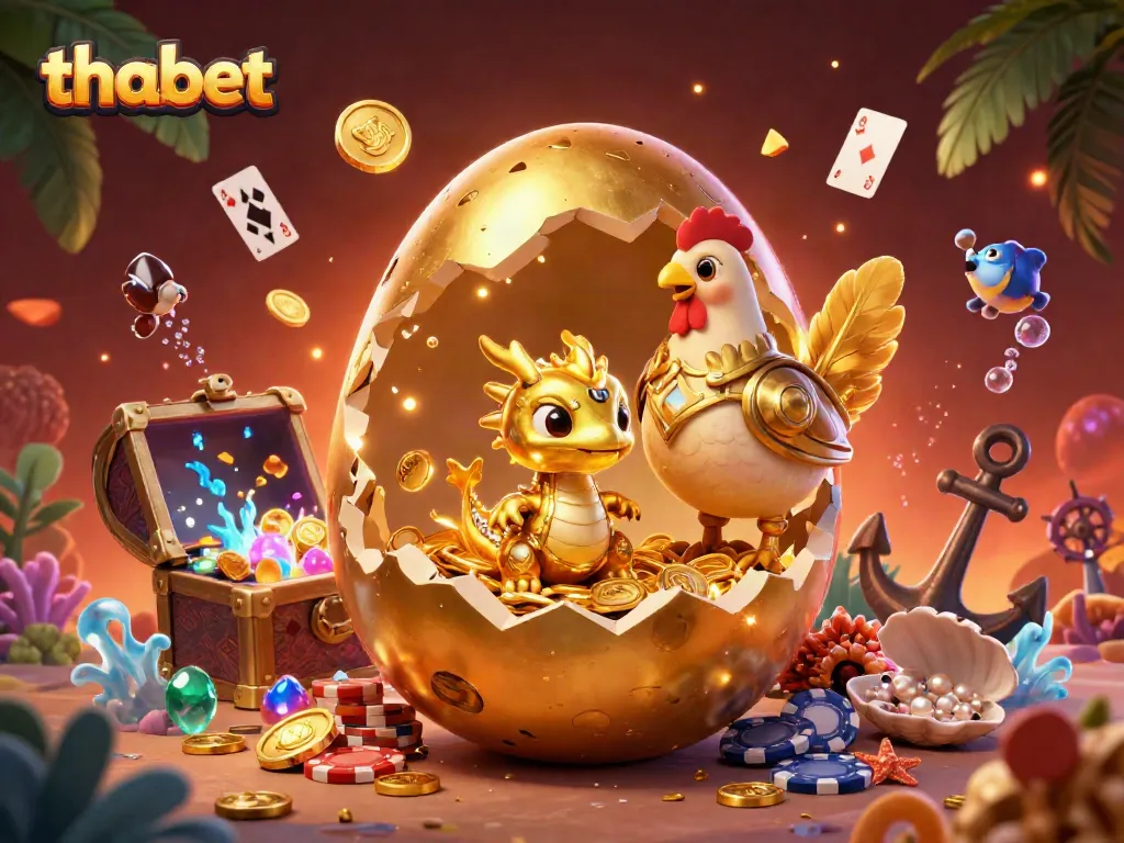 Experience the thrill of thabet with golden treasures and casino elements in a vibrant 3D illustration.