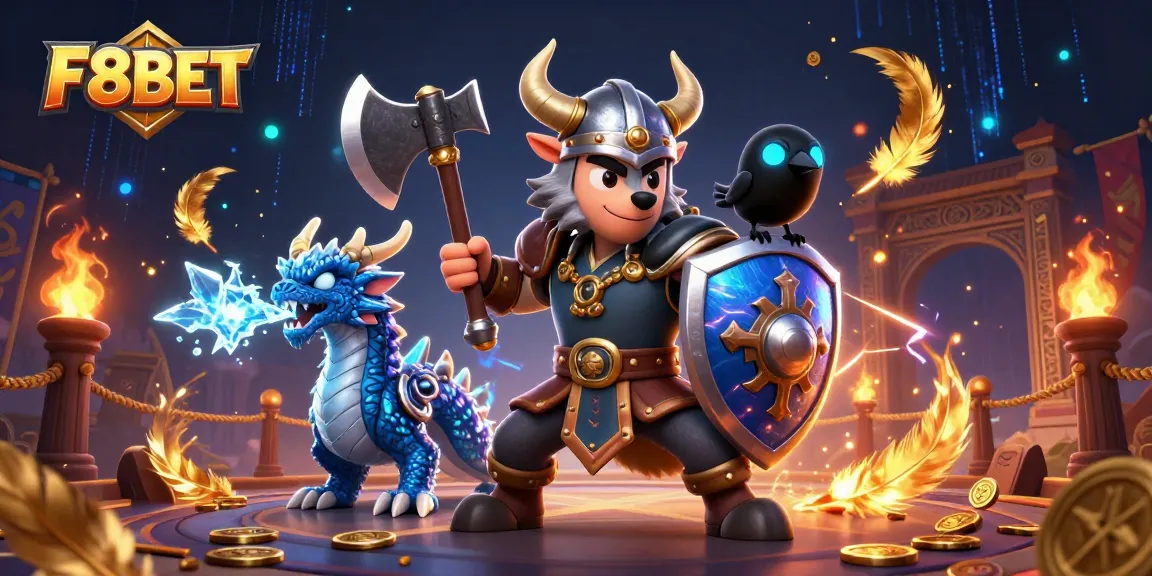 F8BET Viking wolf warrior fights in an engaging online casino scene with dragons and tokens.