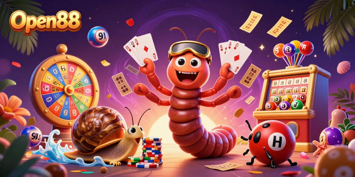 Open88 casino scene featuring a millipede dealer, colorful lottery balls, and dynamic gaming elements.