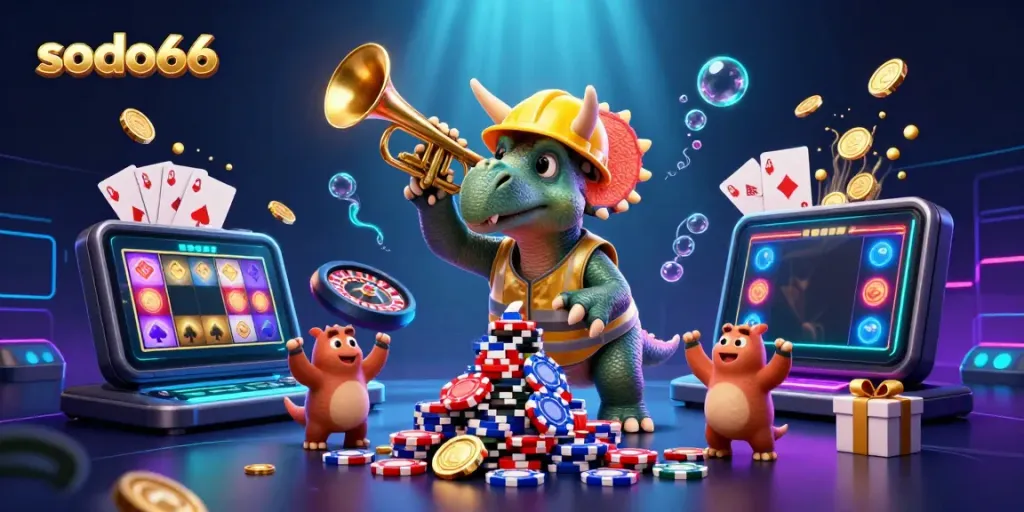Play exciting slots with sodo66 as cartoon dinosaurs celebrate over poker chips and games.