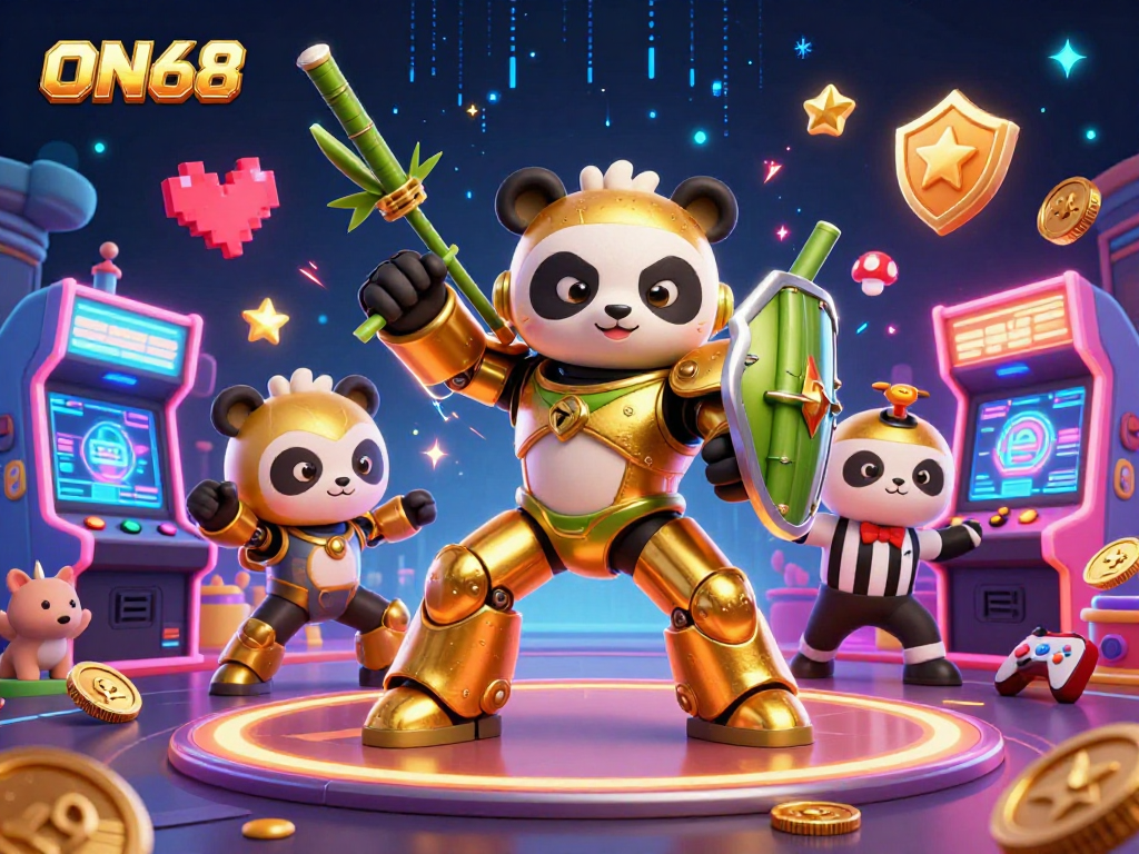 Engage with ON68's vibrant arcade atmosphere featuring a mech-suit panda ready for battle with exciting gaming elements.