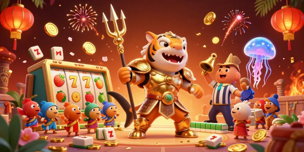 Experience excitement with FC88 as a golden shark battles for slots and fortune amidst dynamic casino elements.