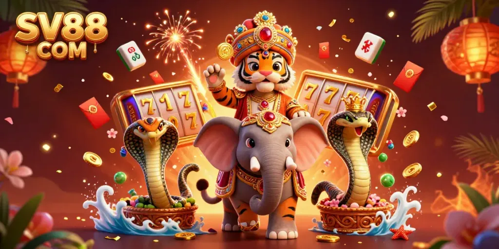 Experience the excitement of SV88 COM with a vibrant 3D illustration of casino games, vibrant characters, and rich details.