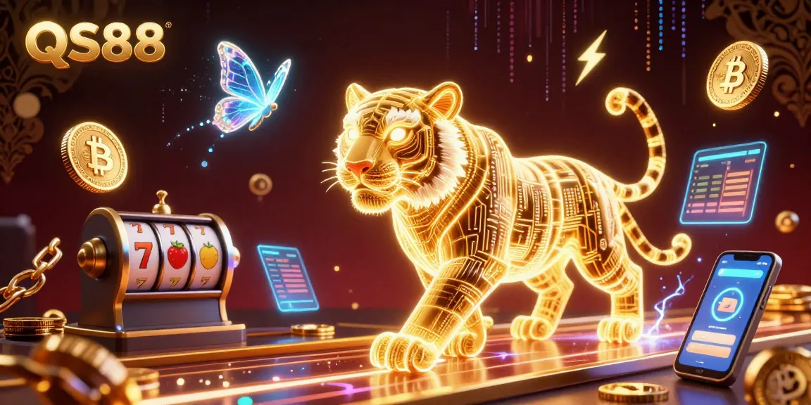 Join the excitement at QS88 as the golden light tiger leads the way in a digital casino filled with crypto elements.