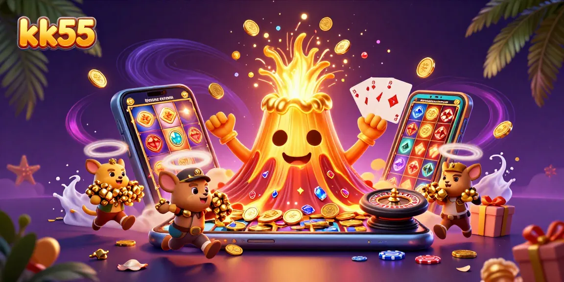 Experience excitement at kk55 with a glorious eruption of coins and treasures in this vibrant casino scene.